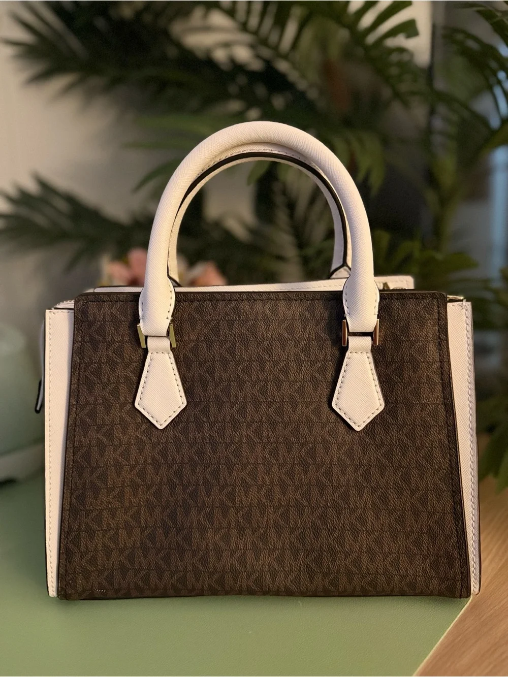 Michael Kors White and Brown Diagonal Logo Satchel